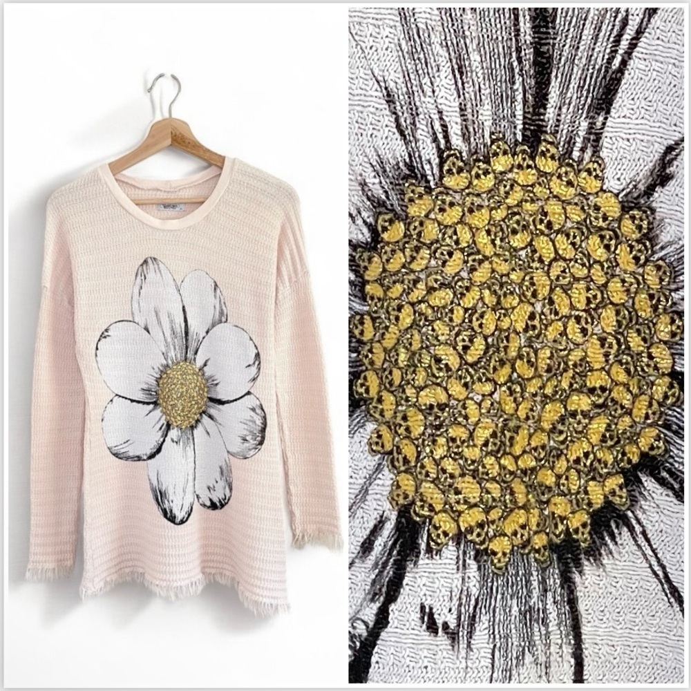 Lauren Moshi Daisy Skull Knit Top Long Sleeve Fringe Trim Tunic Cream Small Y2K